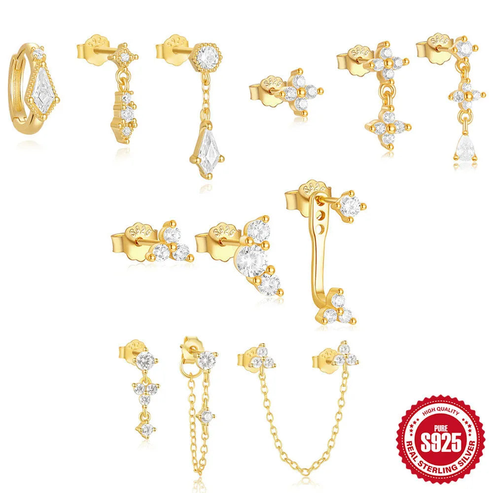 Sterling silver geometric zircon tassel earring set in gold colours with three earrings per set