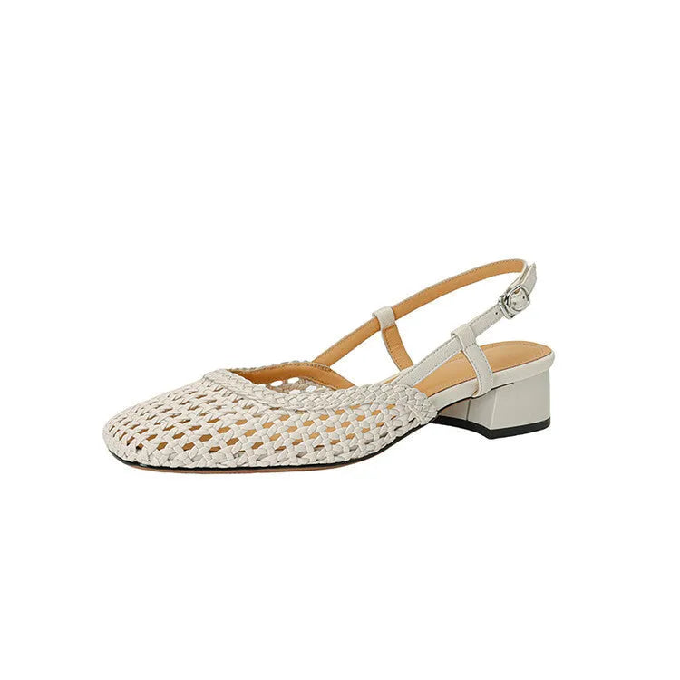 Women's beige woven hollow-out closed toe sandals with a square toe, buckle fastening, and chunky 4cm rubber heel.