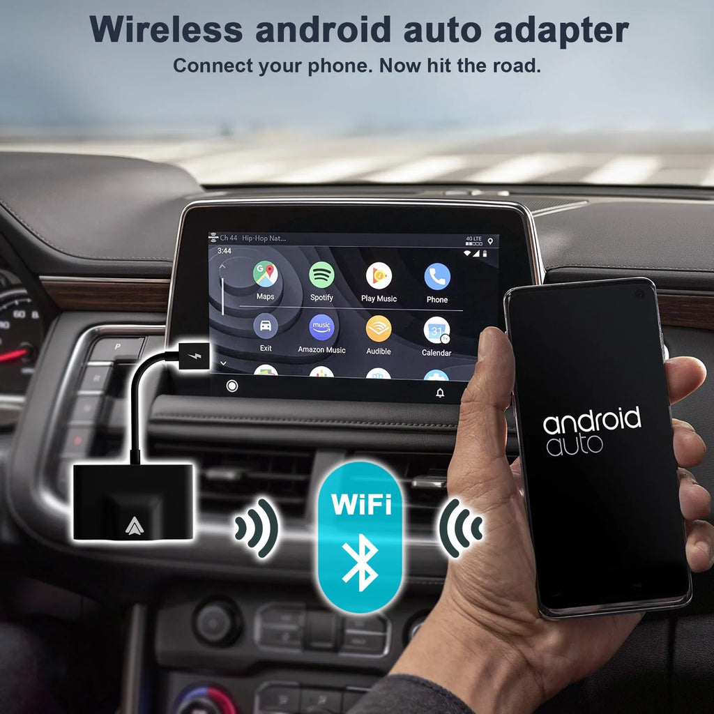 Original THT-020 series wired to wireless Android Auto adaptor for cars with CARPLAY, shown in black and white variants.