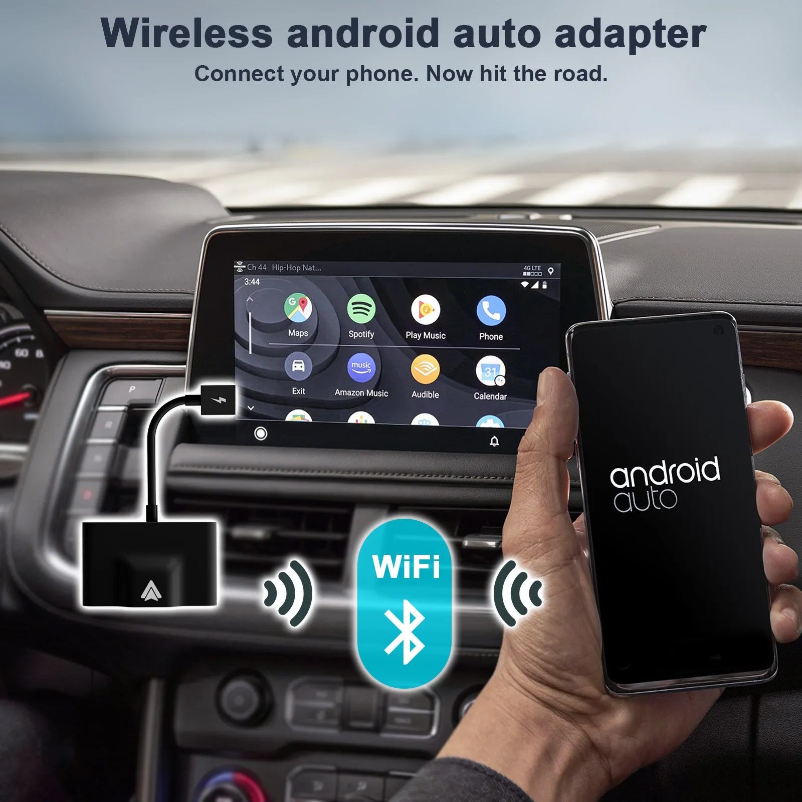 Original THT-020 series wired to wireless Android Auto adaptor for cars with CARPLAY, shown in black and white variants.