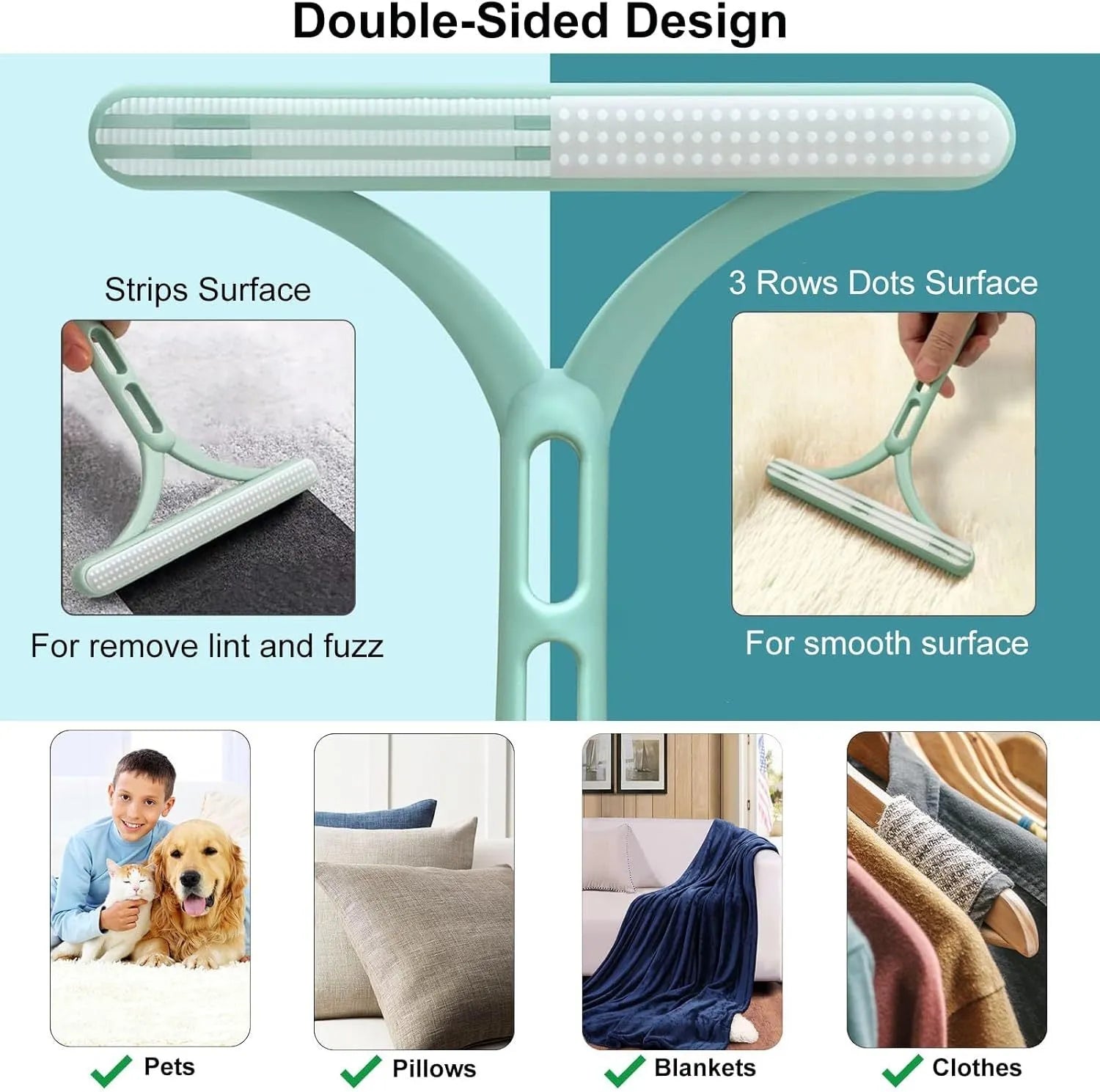 Green 3-piece pet hair remover set with metal lint shaver, silicone brush, and round carpet scraper.