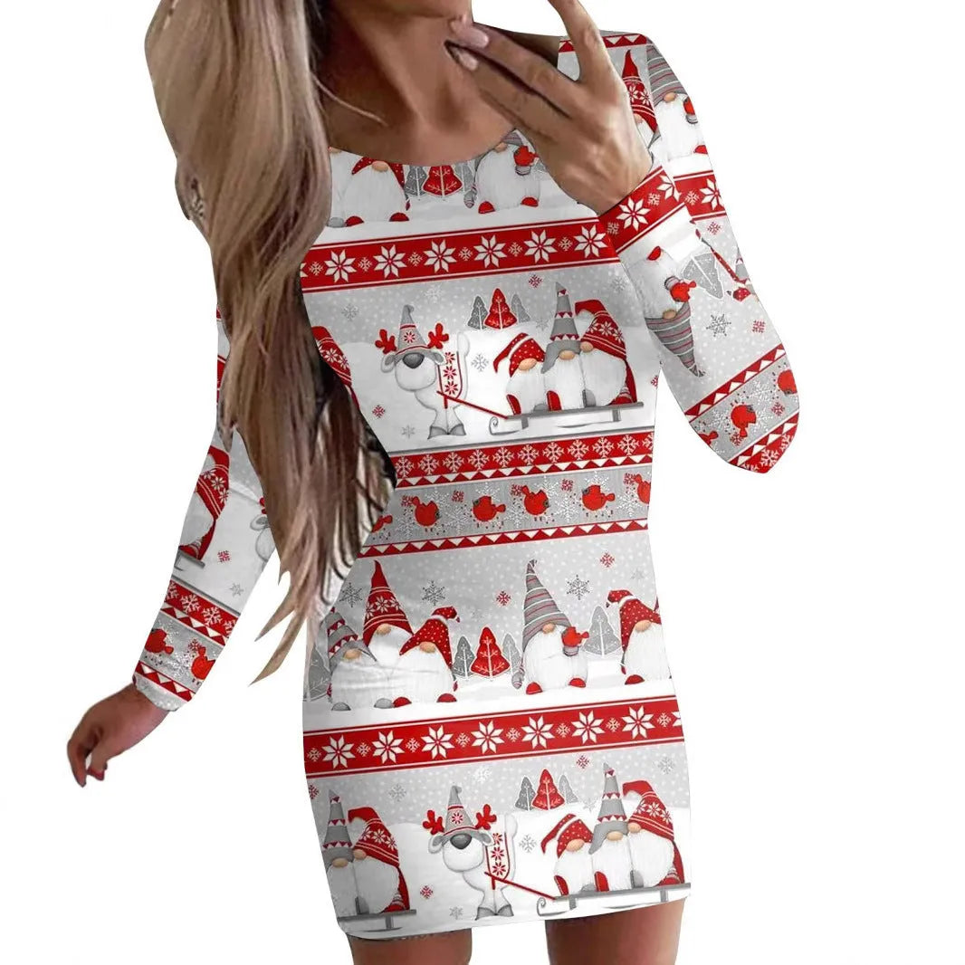 Women's printed Christmas dress with animal pattern design and floral colours in fitted hip skirt style
