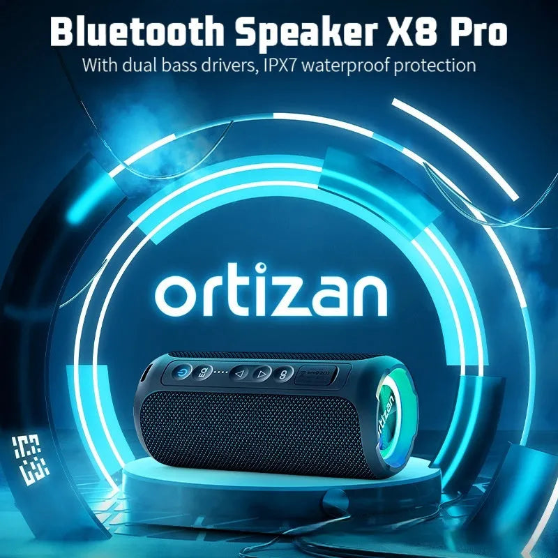 Black and blue fabric Bluetooth speaker with LED illumination showing 40W output and waterproof features
