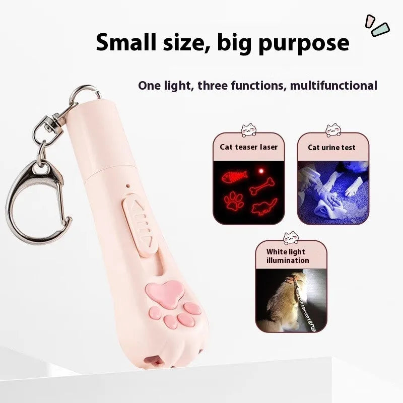 Rechargeable cat teaser toy with feather attachment and pen light in pink, cream white, or sky blue colour options
