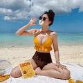 Women's split ruffled contrast color yellow hot spring bathing suit with spandex lining, available in sizes M L and XL