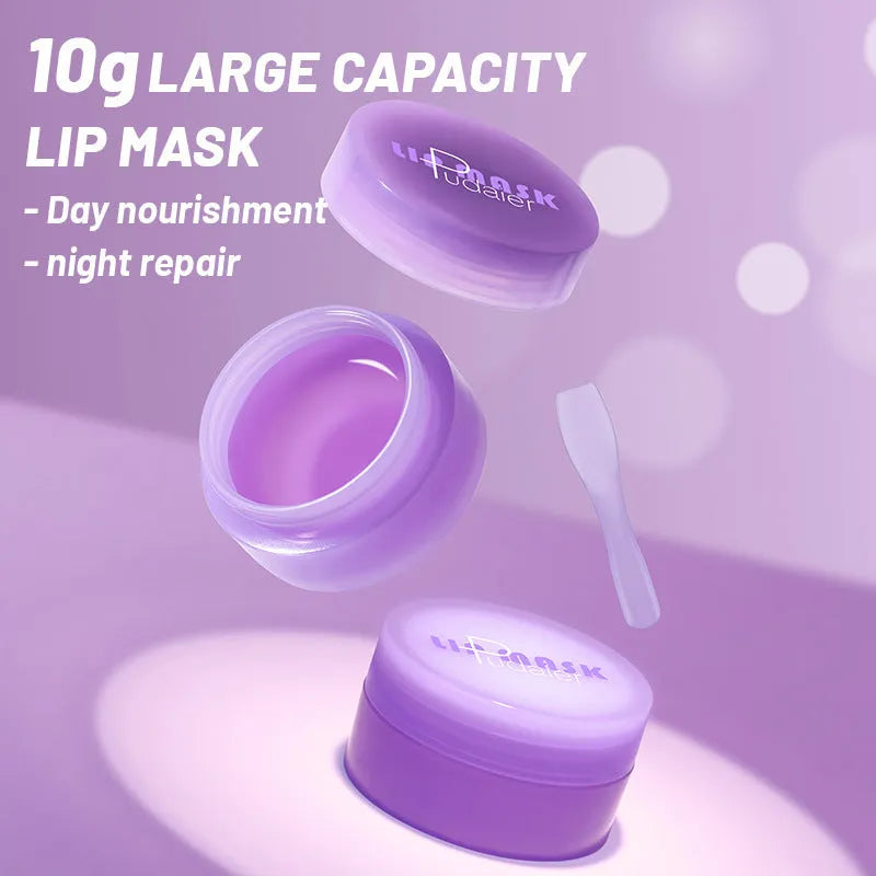 Lip exfoliating balm mask with 10ml tube and white silicone scraper tool on a pink background.