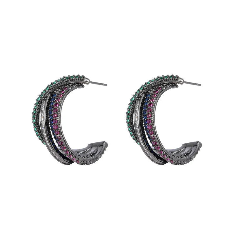 Geometric line cross C-circle earrings with inlaid zircon in three colours white gun black turquoise blue copper