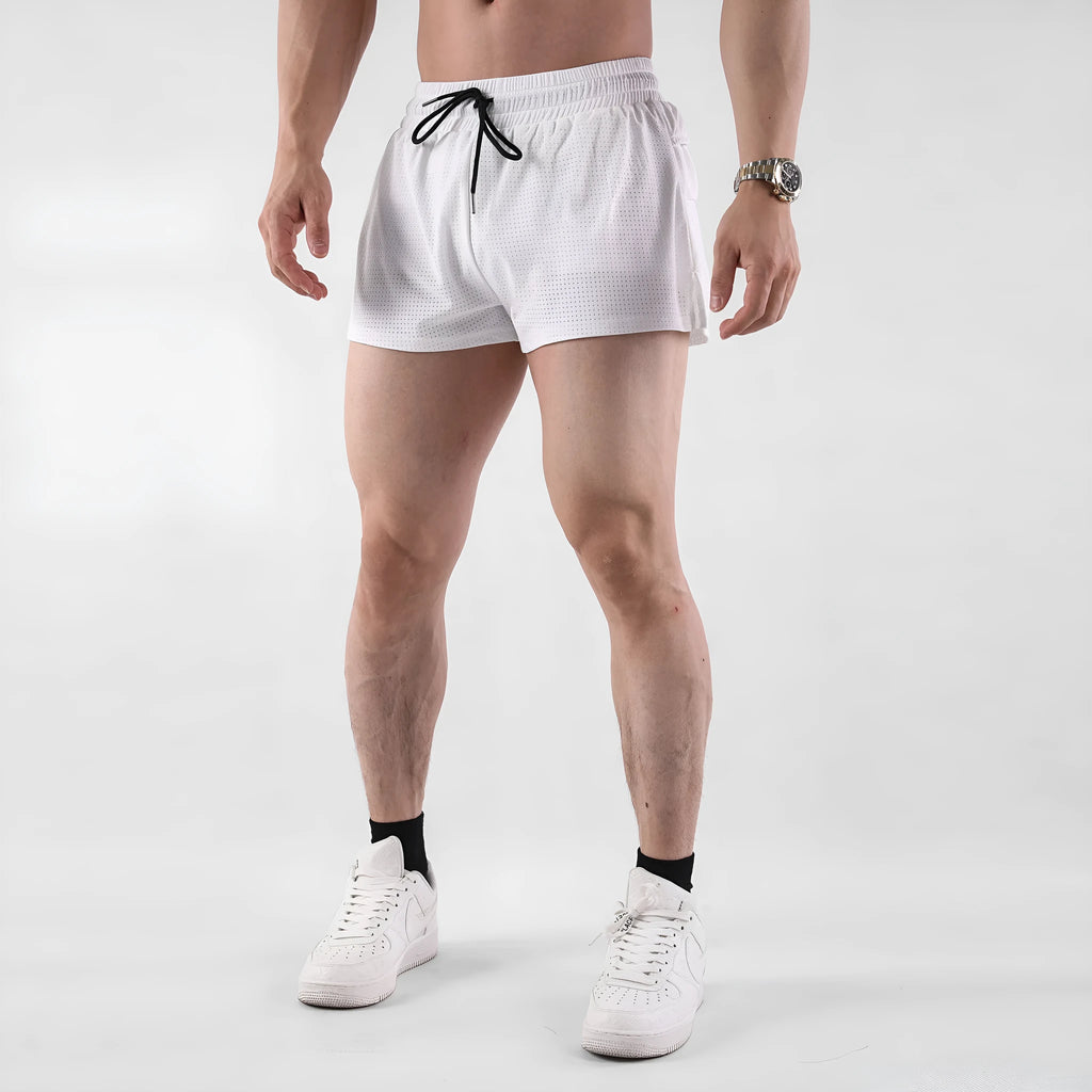 Men's black and white nylon quick-drying summer shorts on a size chart