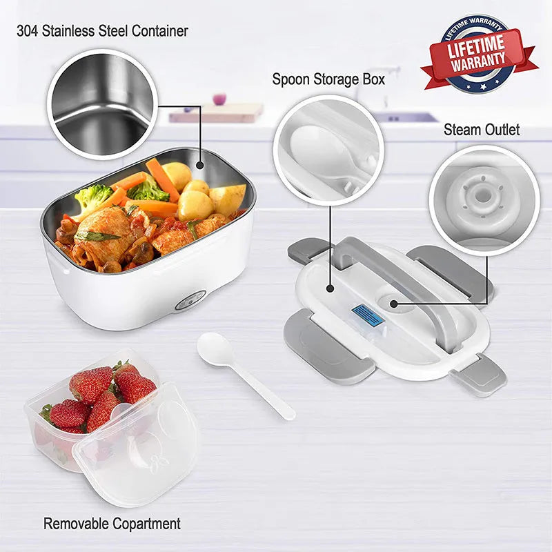 Grey dual-power electric lunch box with heating function for car and home use