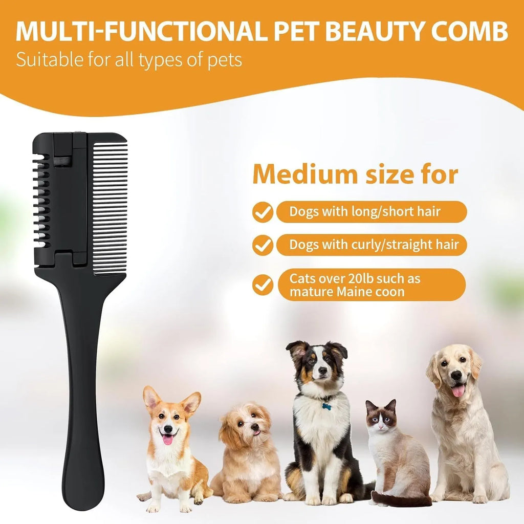 Razor comb for dogs and cats with comb and trimming blade, includes 10 spare stainless steel blades.