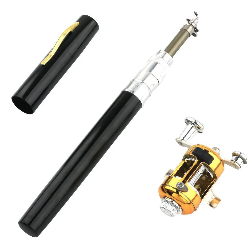 Portable telescopic pen fishing rod kit extended to 1m and collapsed next to its aluminium case.