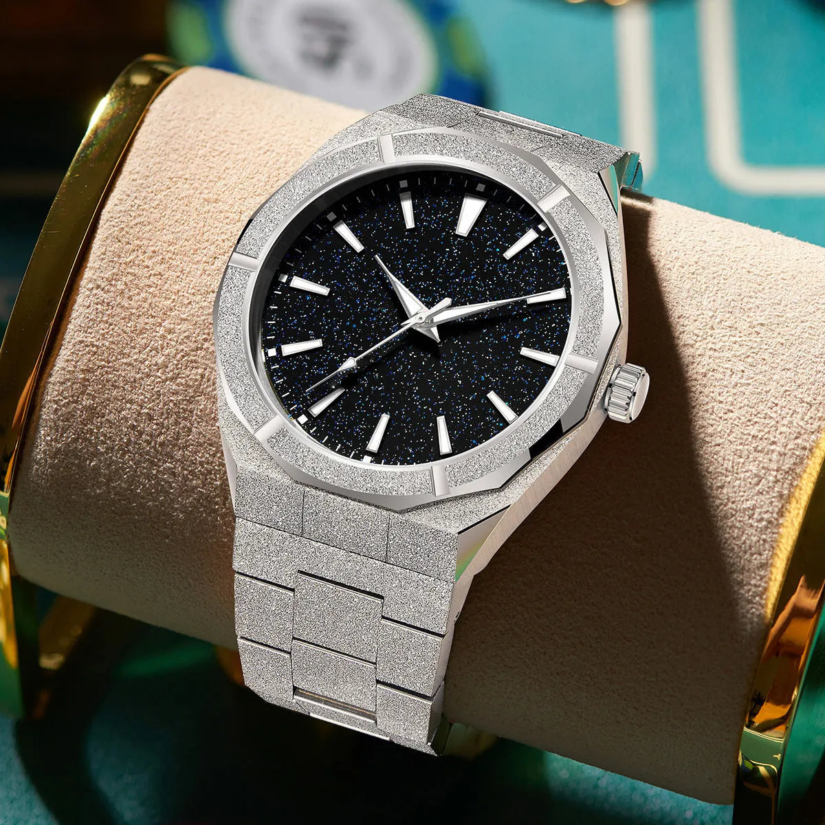 Men's stainless steel business watch with frosted finish and luminous hands in silver colour