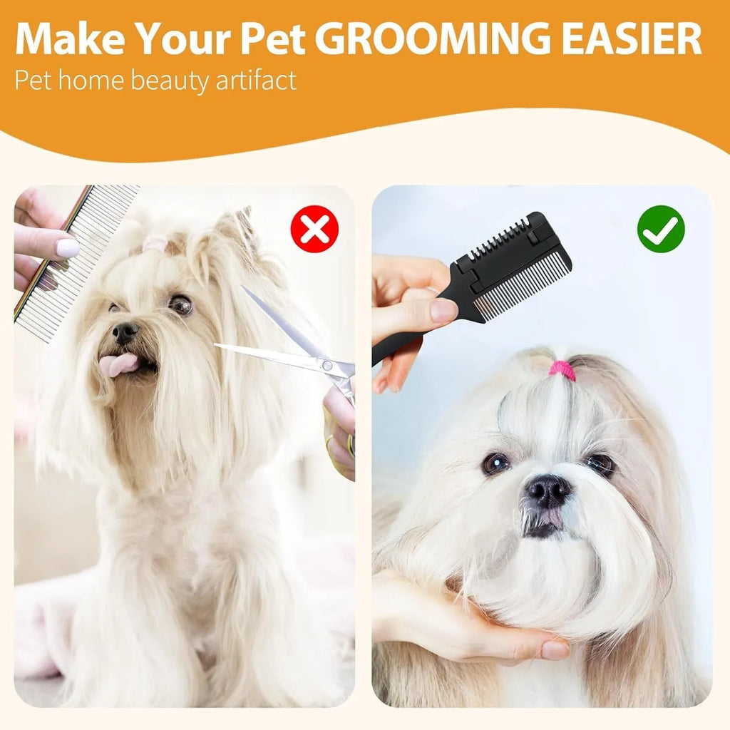 Razor comb for dogs and cats with comb and trimming blade, includes 10 spare stainless steel blades.