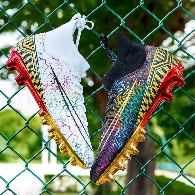 Men's high-top football training shoes with gold plated bottom on PVC sole, in white, black, and mandarin duck colours.