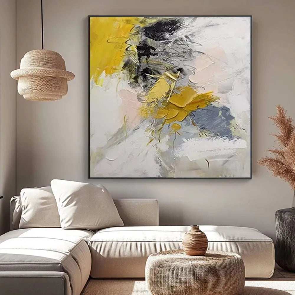 Hand painted abstract oil painting on canvas, modern square artwork, gold and black tones, for living room wall decor