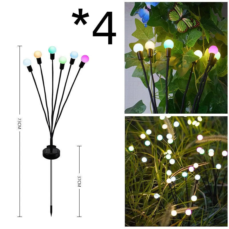 Solar-powered LED firefly ground lamp with multiple heads and ground spike for garden installation