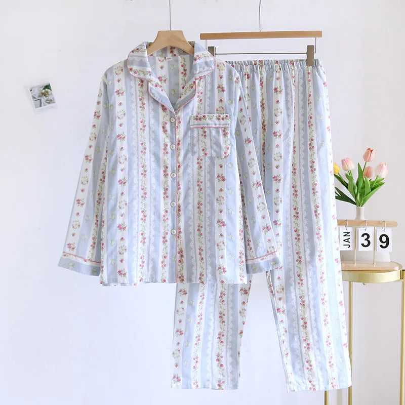 Japanese sweet ladies' cotton gauze homewear set with long sleeves and trousers in striped or fruit print