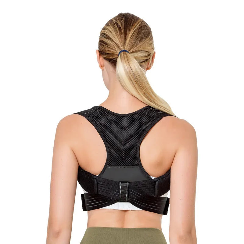 Black adjustable anti-humpback posture correction belt for back and shoulder support.