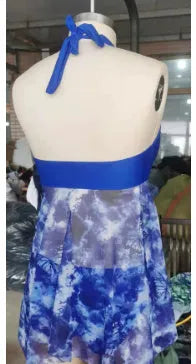 Blue women's bikini swimsuit with European American styling on a mannequin.