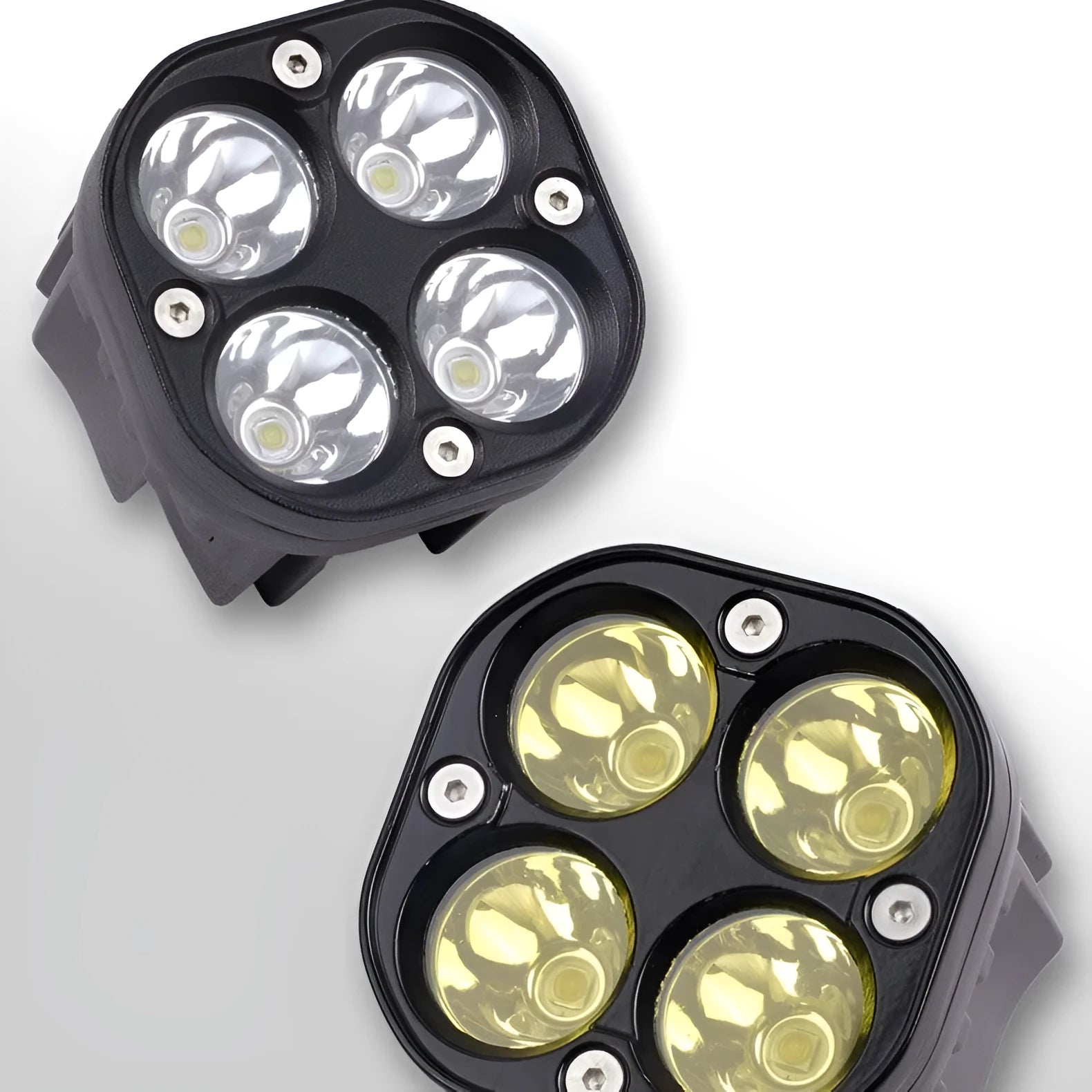Four-eye automotive headlight with aluminium mounting base, showing four-leaf clover light pattern