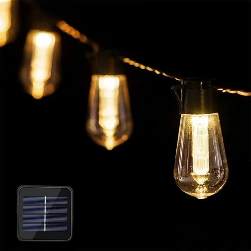 10 metre long retro infusion bottle bulb solar string lights for outdoor garden decor.