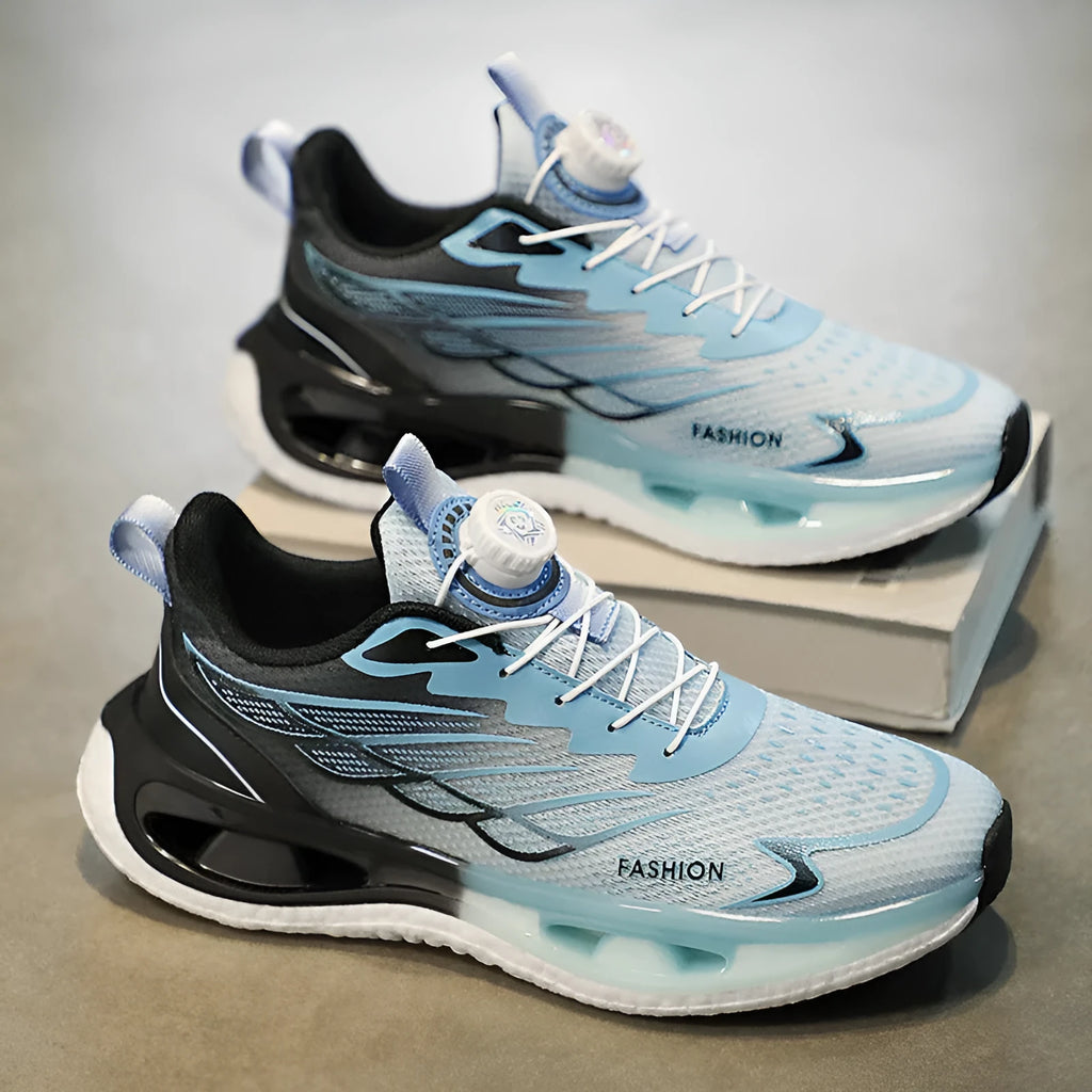 Low-top shock absorption rotating button sneaker in light blue mesh with a rubber sole.