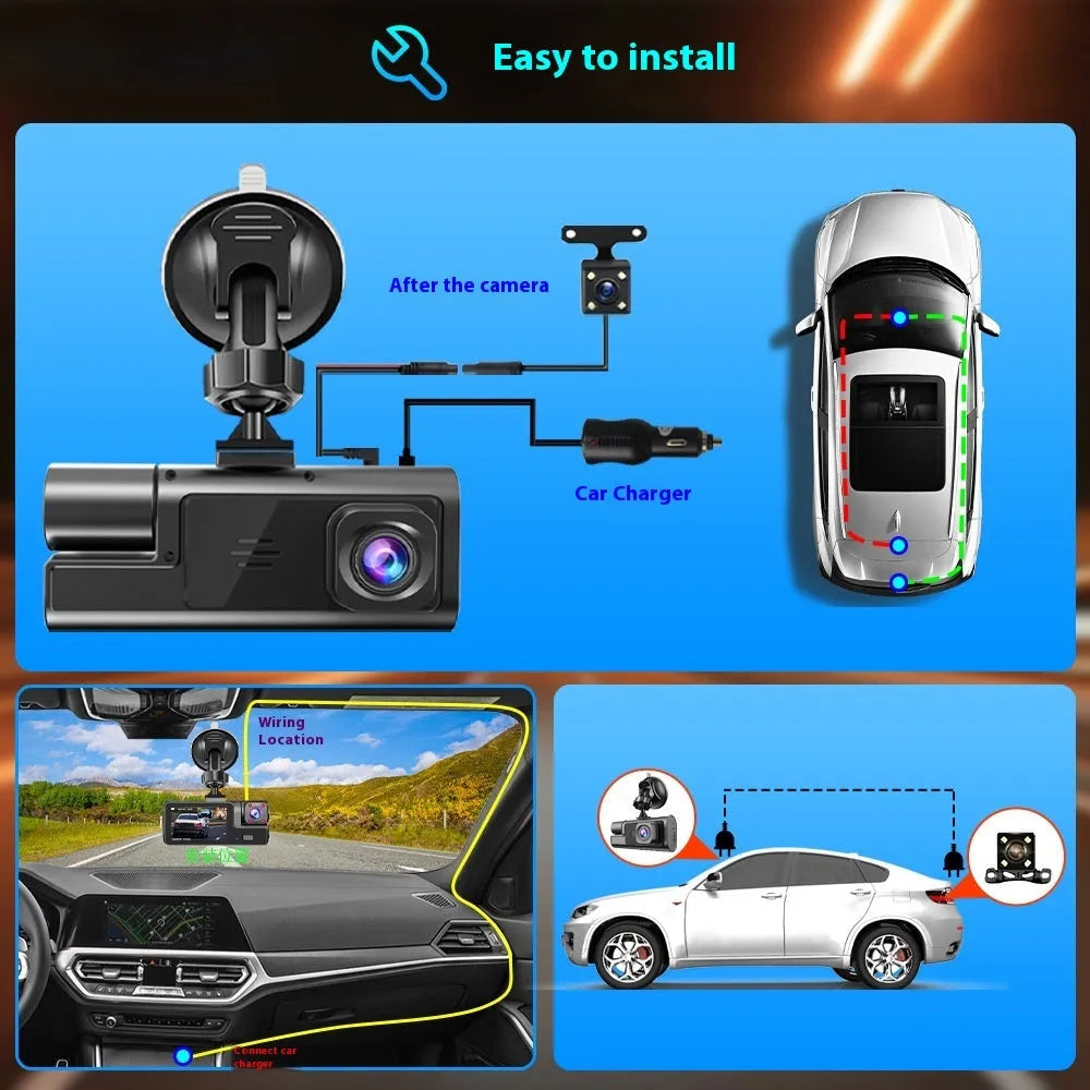 WiFi-connected car dash camera with 2.0-inch LCD screen showing front and rear recording capability
