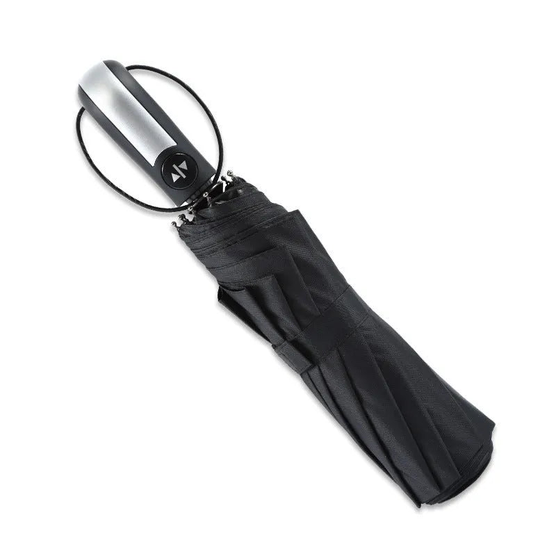 Automatic opening triple-fold business sun-shade umbrella in black colour with steel ribs and rubber handle