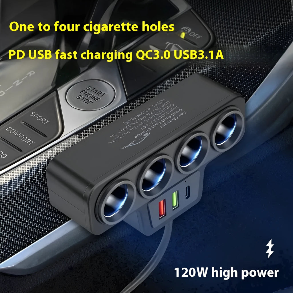 Car-mounted multi-function fast charging cigarette lighter with dual USB PD ports