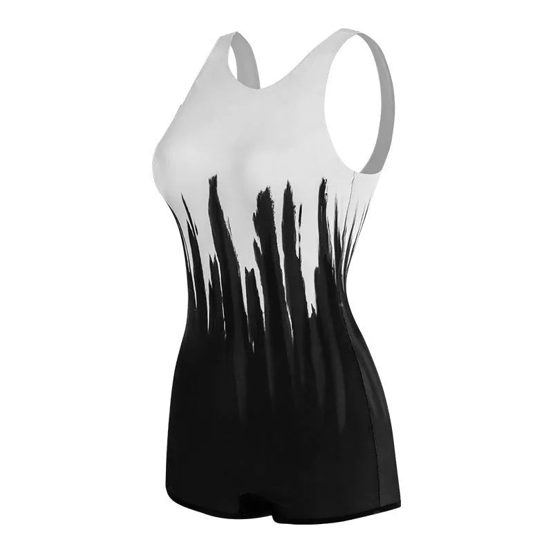 Black conservative one-piece swimsuit for ladies with a printed pattern.