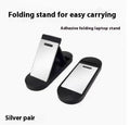 Silver aluminium folding laptop bracket showing compact 4.8cm x 3.5cm dimensions with adhesive backing
