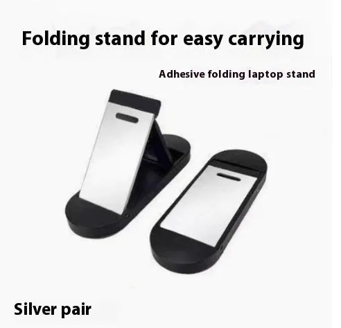 Silver aluminium folding laptop bracket showing compact 4.8cm x 3.5cm dimensions with adhesive backing