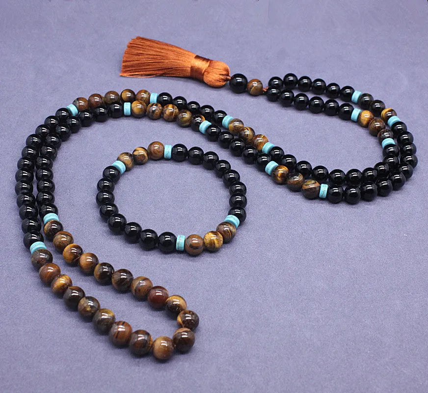 Geometric beaded jewellery set with black agate and tiger's eye stones showing bracelet and necklace options