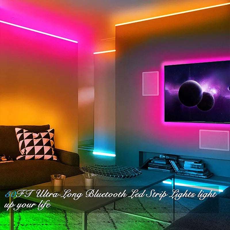 Bluetooth-controlled RGB LED light strip with remote, showing 5050 LEDs and waterproof epoxy coating option.