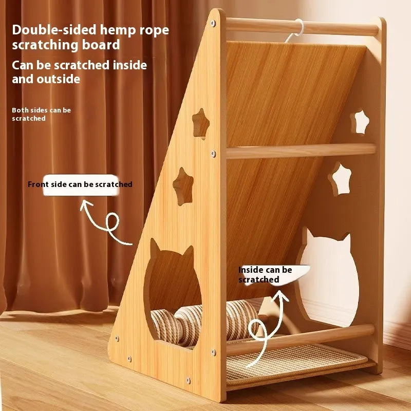 Vertical wall-mounted cat scratch board with sisal rope and cat funny ball design