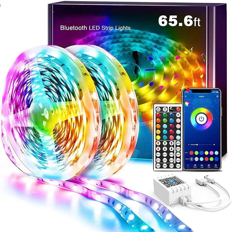 Bluetooth-controlled RGB LED light strip with remote, showing 5050 LEDs and waterproof epoxy coating option.