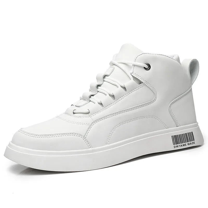 Men's white mid-top casual sports shoes with a rubber sole and lace-up front.