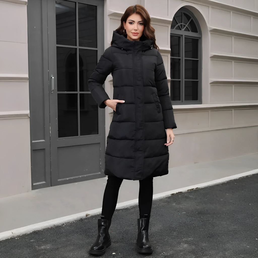 Black slim fit hooded men's winter jacket with long sleeves and polyester construction