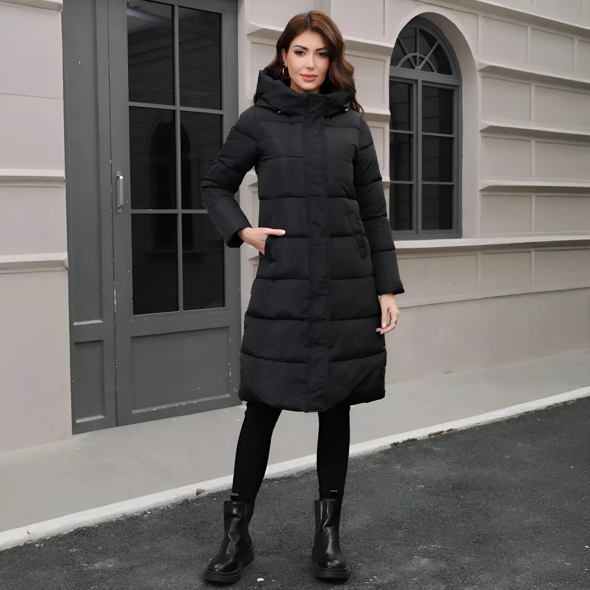 Black slim fit hooded men's winter jacket with long sleeves and polyester construction