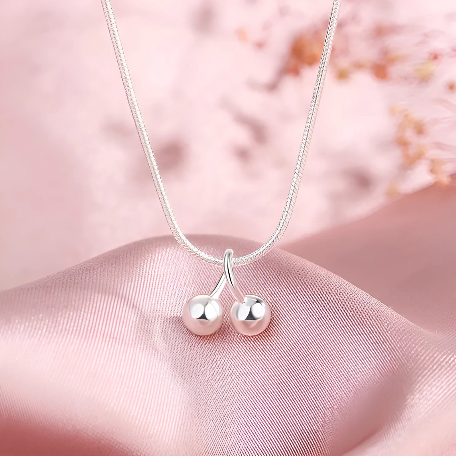 925 silver cherry necklace with snake bone chain and adjustable length between 21-50cm