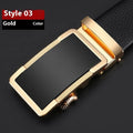 Men's automatic buckle leather belt in gun black, silver, and gold colour options showing the comfort click mechanism.