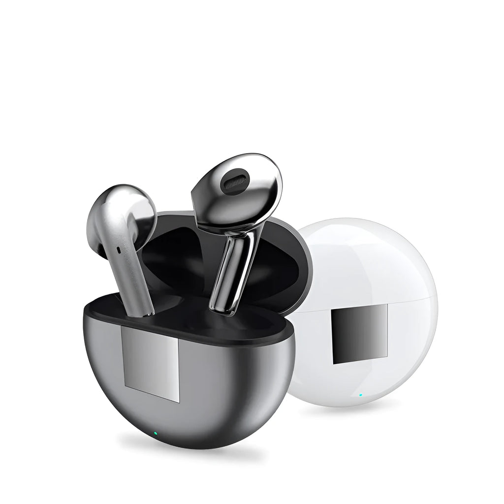 White Budz5 wireless Bluetooth earbuds with semi-in-ear design and matching charging case.