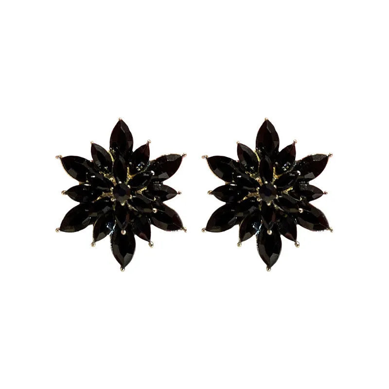 Super shiny crystal zircon multi-layer three-dimensional flower earrings in white alloy with leaf and petal details