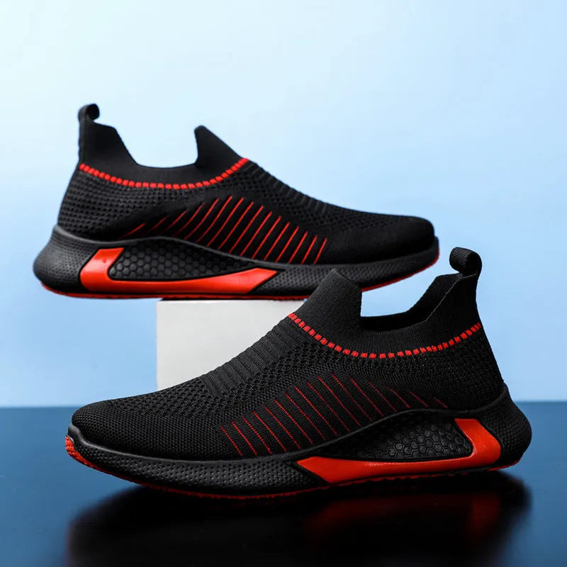 Men's mesh slip-on sneakers with striped design and Flyknit upper in lace-up running shoe style