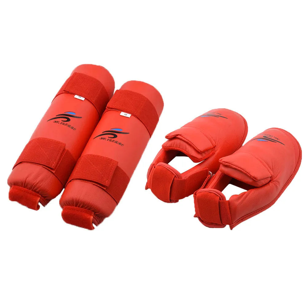 Complete martial arts protective gear set with red leg guards, helmet and boxing gloves