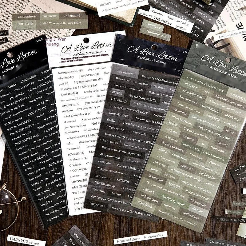 Four colour variations of 90x175mm English quotation stickers on Japanese paper with adhesive backing