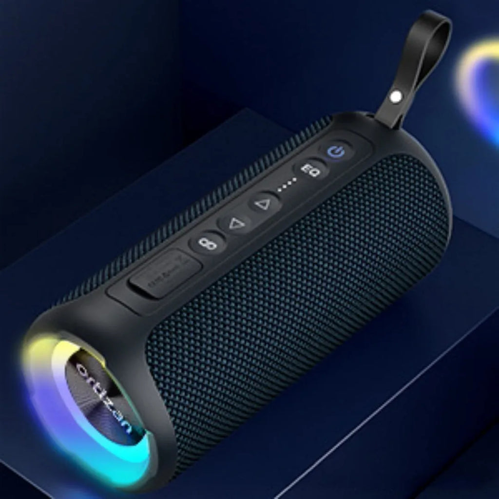 Black and blue fabric Bluetooth speaker with LED illumination showing 40W output and waterproof features