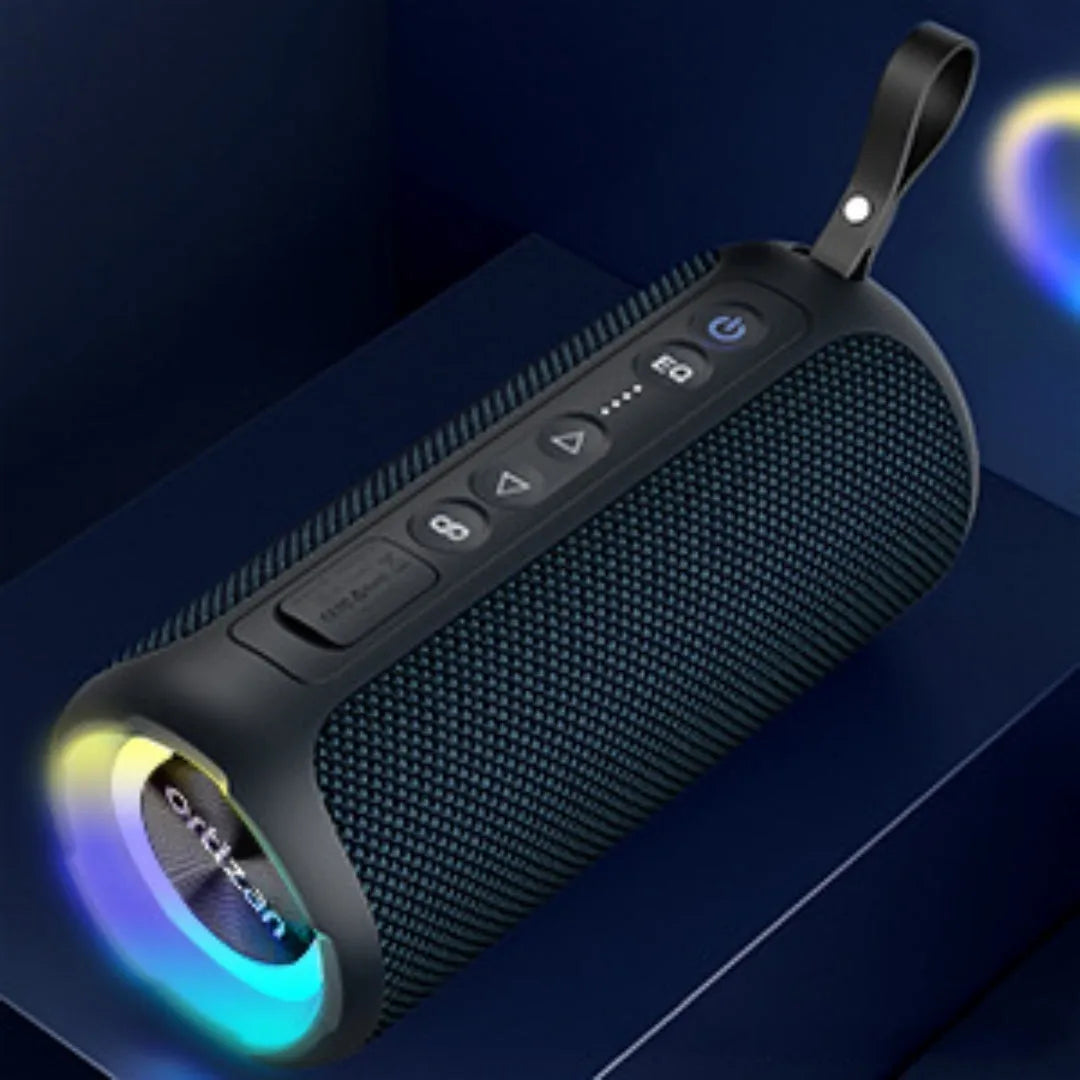 Black and blue fabric Bluetooth speaker with LED illumination showing 40W output and waterproof features