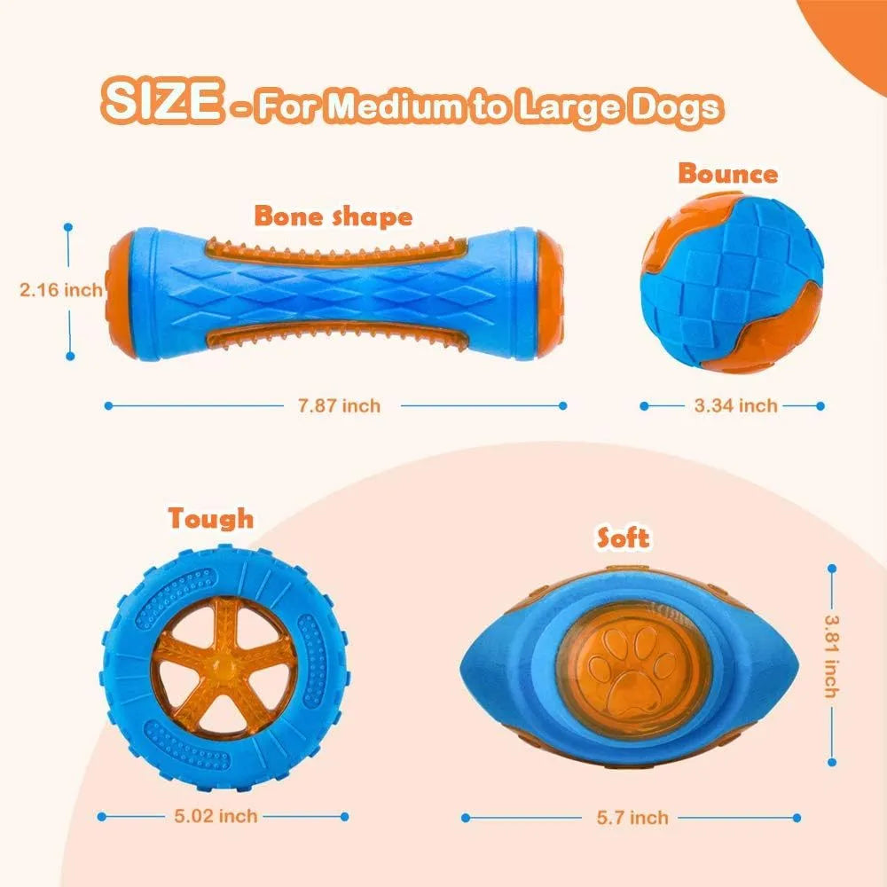 Three floating dog toys: a blue squeaky ball, a red barbell, and an orange tyre on a blue background.