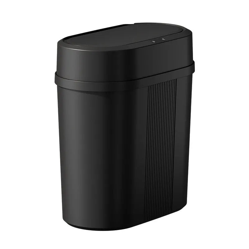 Square PP smart trash can with sealed waterproof lid, black battery type, on kitchen floor
